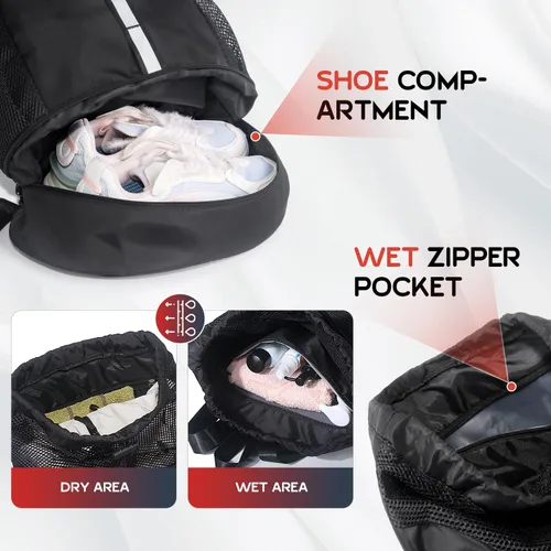 Vista 2 de Mochila deportiva con cordón Bolsas de malla para playa y gimnasio para hombres y hombres con compartimento para zapatos, ligera, Negro -, 30 L