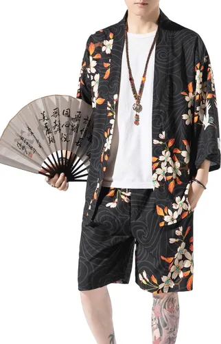 Vista 6 de PRIJOUHE Mens Kimono Two Piece Set Japanese Yukata Summer Beach Outfits