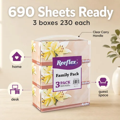 Vista 3 de Reeflex Pañuelos faciales, tejido facial suave de 2 capas, 3 cajas, 230 hojas por caja (690 hojas en total), cajas de pañuelos suaves y duraderas a