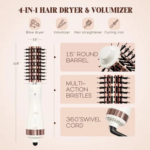 Vista 5 de Hair Trends Secador de cepillo redondo de barril de 1.5 pulgadas (2.8 pulgadas más cerdas), secador volumizador iónico negativo de un paso, cepillo