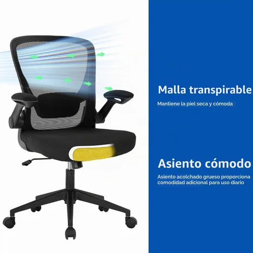 Vista 8 de Silla ergonómica de malla para oficina, con respaldo lumbar, giratoria, con ruedas, ejecutiva, con brazos y respaldo medio ajustable, para Negro