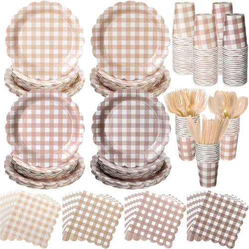 Vista 12 de Yaomiao Juego de vajilla desechable de 175 piezas de platos de papel marrón con cuchillo de plástico, cuchara, tenedor, cuchara, decoración de boda
