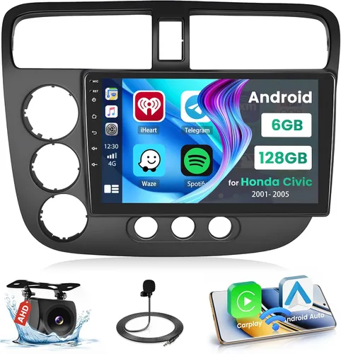 Vista 10 de Hikity Android 15 Estéreo de Coche para Honda Civic 2001-2005 con Carplay Inalámbrico Android Auto, Radio de Coche con Pantalla Táctil de 9 Pulgadas