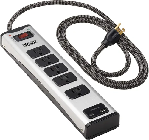 Vista 3 de Tripp Lite Regleta protectora contra sobretensiones, 5 tomas de corriente, metal, 1 USB-A y 1 puerto de carga USB C, cable compartido de 6 pies