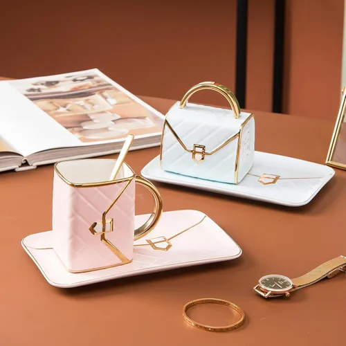 Vista 8 de Juego de tazas de café en forma de bolsa, tazas de té y platillos, juego de tazas de taza, tazas de espresso para amigos, mamá, boda, fiesta, hogar