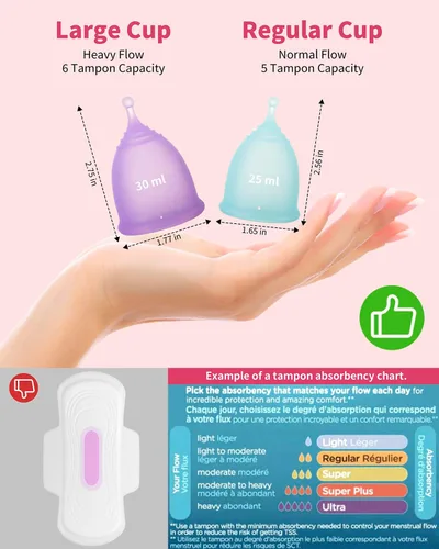 Vista 2 de Juego de 2 vasos menstruales reutilizables (tamaño pequeño y grande), silicona suave, cuello uterino bajo o alto, taza de período seguro, flujo