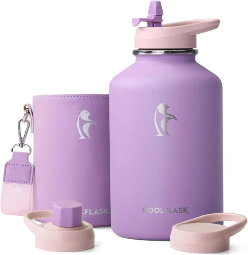 Vista 10 de Coolflask Botella de agua de 64 onzas aislada con funda de cuero PU, botella de agua de medio galón con contraste de color y tapa con popote, jarra