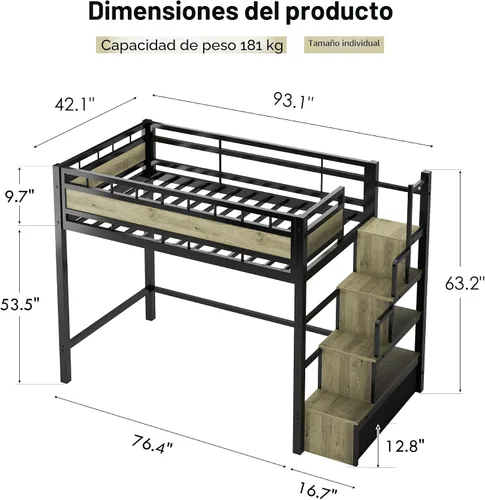 Vista 2 de soges Cama tipo loft con escaleras, cama alta de metal con cajones de almacenamiento, ideal para dormitorios, apartamentos, habitaciones de niños