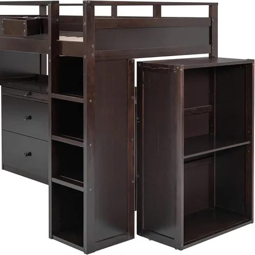 Vista 7 de RUNNA Cama tipo loft moderna de madera con armario y escritorio Cama loft espresso+Gabinete +Escritorio