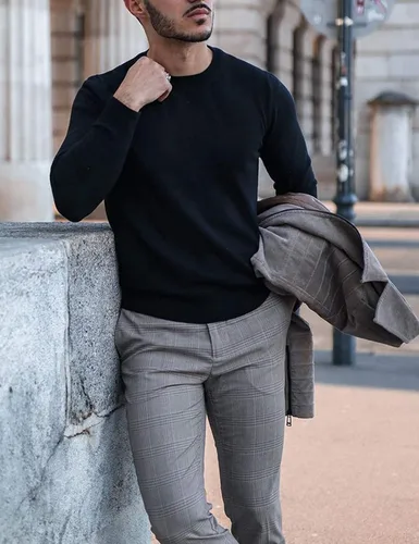 Vista 2 de COOFANDY Suéter de cuello redondo para hombre, ajuste delgado, ligero, suéter de punto para uso casual o elegante