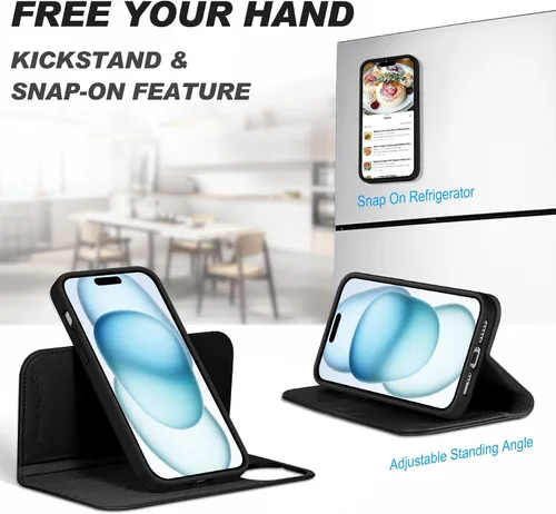 Vista 5 de SHIELDON Funda para iPhone 15 2023, funda de piel auténtica desmontable tipo cartera con función atril, bloqueo RFID, ranuras para tarjetas