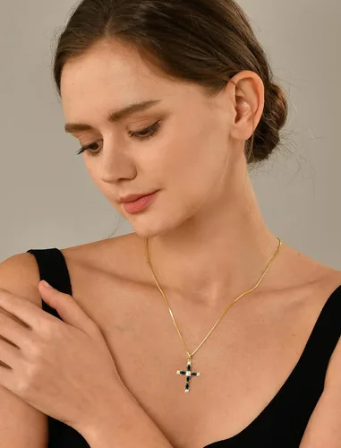 Vista 178 de YL Collar de cruz de plata de ley 925 con colgante de piedra natal religiosa para mujer