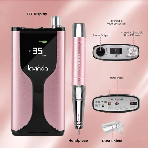 Vista 3 de Lavinda Taladro de uñas profesional recargable, sin escobillas Skyspace de 35,000 rpm, lima de uñas eléctrica portátil para uñas acrílicas con funda