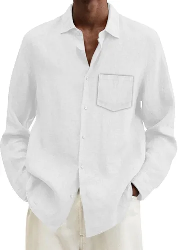 Vista 9 de Camisa de algodón y lino para hombre, talla grande, ajuste holgado, manga larga, cuello abatible, casual, tops de verano