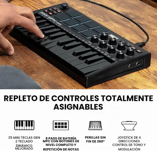 Vista 3 de [Usado] Akai Professional MPK Mini MK3 - Controlador de teclado MIDI USB de 25 teclas con 8 almohadillas de percusión con retroiluminación, 8