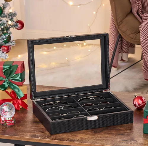 Vista 2 de BEWISHOME Organizador de lentes de sol, organizador de lentes, funda de lentes de sol de 8 ranuras para hombres, caja de almacenamiento de anteojos