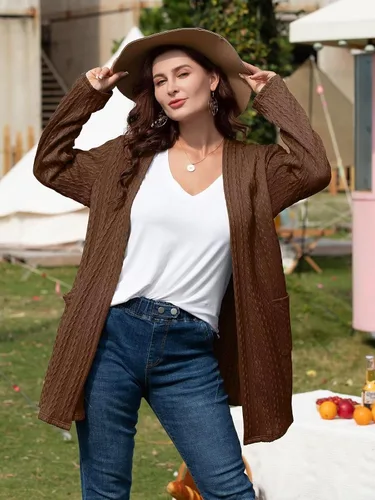 Vista 4 de BELAROI Cárdigan de punto trenzado con frente abierto para mujer, talla grande, manga larga, holgado, abrigo de otoño con bolsillos