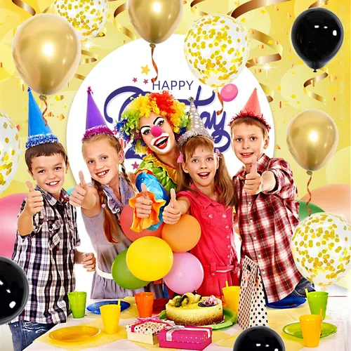 Vista 5 de Paquete de 50 globos de látex metálicos negros y dorados de 12 pulgadas con 1 rollo de cinta para decoración de cumpleaños, graduación, celebración