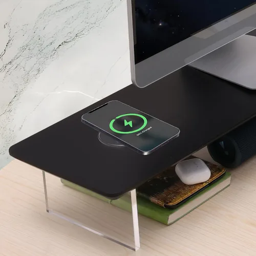 Vista 2 de SUIBIAN Soporte elevador de monitor negro con carga inalámbrica de 31.5 pulgadas, grande, soporte para monitor de computadora, estante organizador