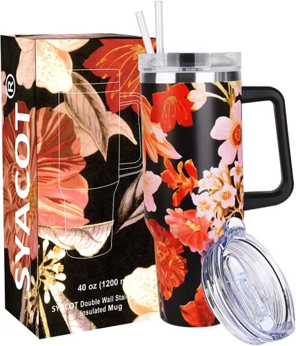 Vista 15 de SYACOT Vaso de 40 onzas con asa y pajita, vaso aislado de acero inoxidable, tapa a prueba de fugas y tapa con pajilla, taza de café de viaje