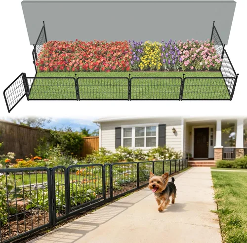 Vista 48 de FXW Valla de jardín al aire libre para el patio, 17 pulgadas de alto x 29.3 pies de largo, barrera de metal resistente para animales, para perros