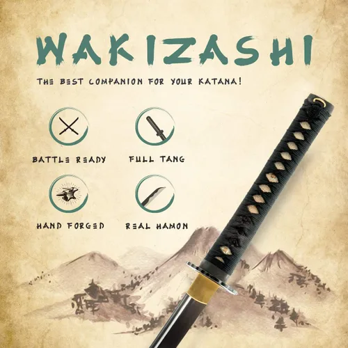 Vista 3 de HMS Katana samurái japonesa y Wakizashi Daisho Combo Set, Warrior and Temple Tsuba, templado térmico forjado a mano, acero al carbono 1045, vaina