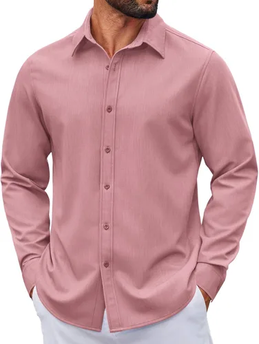 Vista 32 de COOFANDY Camisa de vestir casual de mezclilla con botones y manga larga para hombre