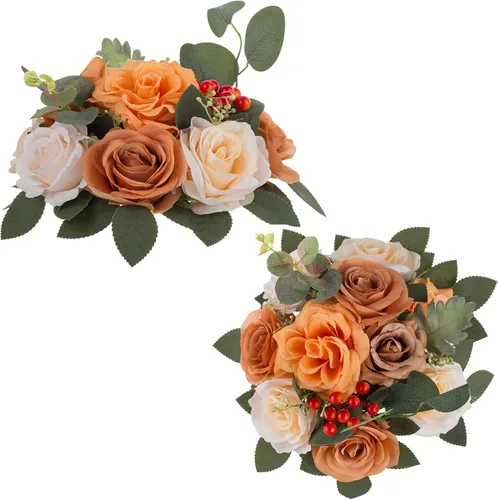 Vista 19 de BLOSMON - Centros de mesa de boda con rosas artificiales, 2 unidades, color borgoña 9.5 Inch Diameter, Red Faux Silk Bouquet with Base, Kissing