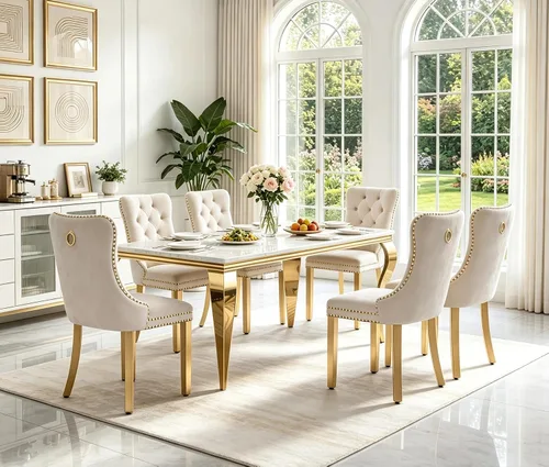 Vista 16 de Juego de 5 mesas de comedor de mármol sintético para 4 mesas de cocina de lujo de 68 pulgadas de oro blanco con 4 sillas tapizadas de terciopelo