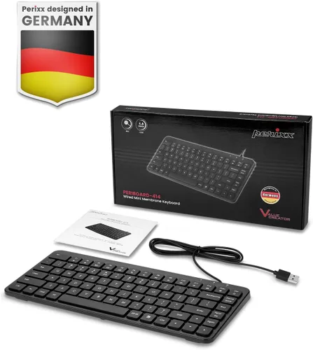 Vista 8 de Perixx PERIBOARD-414U - Mini teclado USB con cable, compacto, 12.24 x 5.32 x 0.71 pulgadas, Plug and Play, negro, diseño en inglés de EE. UU
