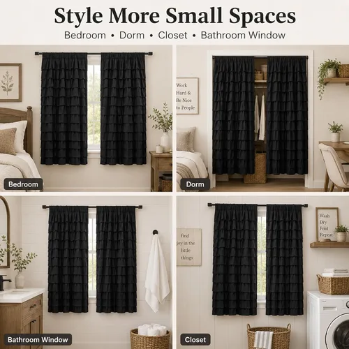 Vista 8 de Cortinas negras con volantes, 2 paneles, paneles de ventana con volantes de 12 capas, cortinas de estilo rústico para dormitorio, baño, bolsillo