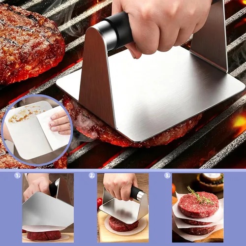 Vista 3 de Smash - Prensa de hamburguesa rectangular de acero inoxidable, molde de hamburguesa rellena, cepillos de salsa, 50 piezas de papel encerado 4 en 1