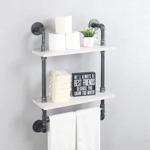 Vista 17 de MBQQ Estante de tubería industrial para baño, estantes montados en la pared, estante de madera rústica de 19.6 pulgadas con toallero, toallero