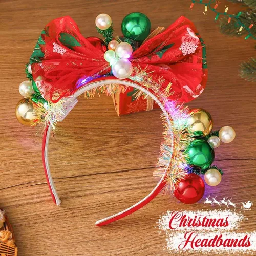 Vista 2 de Latious Diadema de bolas de Navidad iluminadas, diadema LED con lazo de Navidad, lazo de Santa brillante, aro para el pelo, accesorios