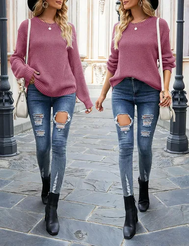 Vista 6 de MEROKEETY Suéter de punto gofre para otoño 2024 para mujer, estilo casual, manga globo, holgado, sin botones