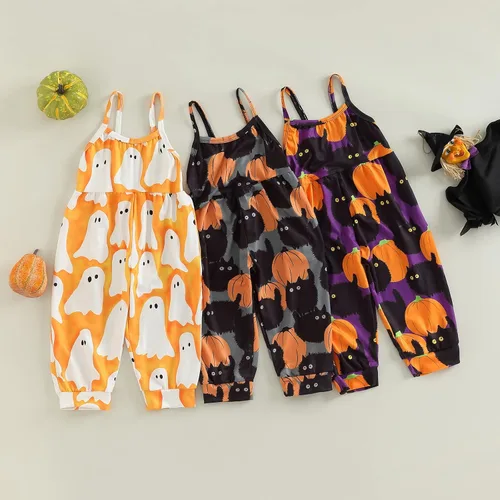 Vista 6 de Emmababy Enterizo de Halloween para niños y niñas pequeñas, con estampado de calabaza, fantasmacaricatura, gato, calabaza, sin mangas, 1-6T, overol