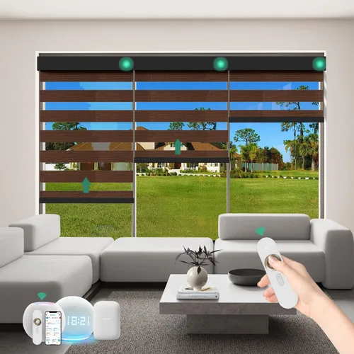 Vista 13 de Persianas motorizadas de cebra con control remoto [doble capa + filtro de luz] Persianas inteligentes 60% opacas para ventanas interiores
