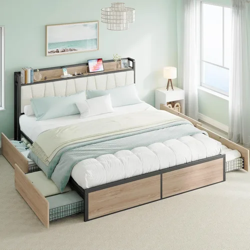Vista 10 de LIKIMIO - Armazón de cama tamaño King con 4 cajones de almacenamiento, cama de plataforma con cabecera tapizada, resistente y estable, sin ruido,