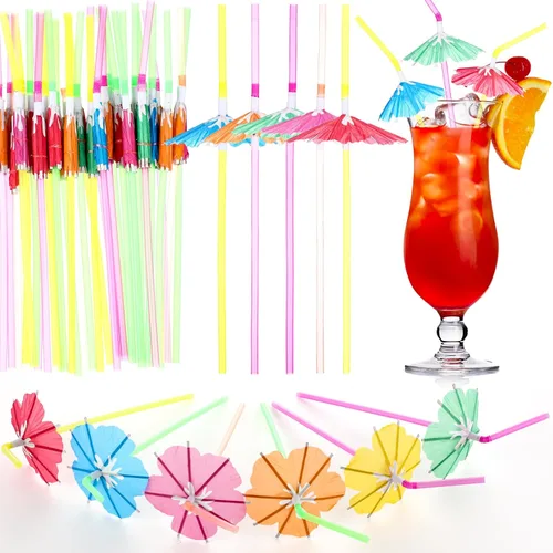 Vista 8 de Sieral 300 popotes para sombrillas, para decoración de fiesta Luau, pajitas de cóctel hawaianas flexibles con paraguas, popotes desechables