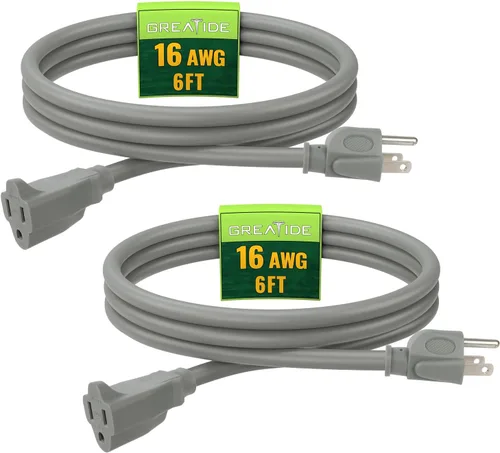 Vista 22 de Cable de Extensión de 6 Pies, Cables Eléctricos Impermeables para Exteriores 16/3 SJTW Negros, Cable de Energía de 13 AMP con 3 Clavos Ideal