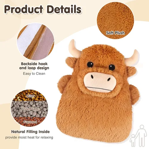 Vista 2 de Highland Cow Almohadillas térmicas para microondas para vientre, cuello y hombros, felpa calentable con calor húmedo, funda de felpa extraíble