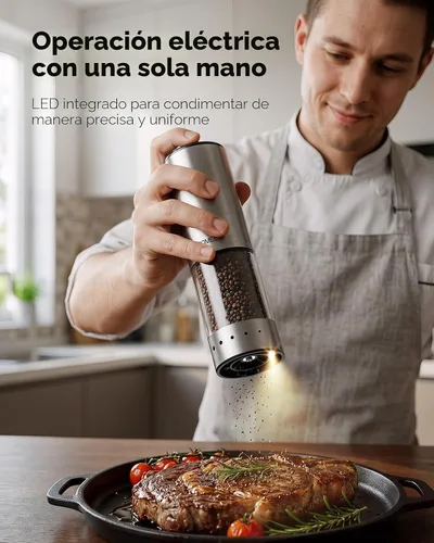 Vista 2 de TOMEEM Juego de molinillo eléctrico recargable de sal y pimienta, molinillo de pimienta automático de acero inoxidable de gran capacidad de 3.9 fl