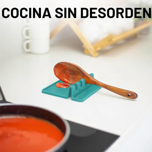 Vista 3 de Zulay Kitchen - Reposa utensilios de silicona con bandeja antigoteo para múltiples utensilios de cocina, reposacucharas sin BPA y resistente al Azul