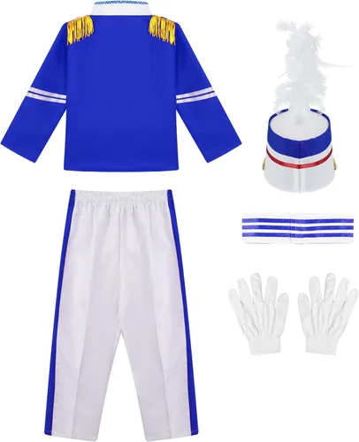 Vista 4 de YUUMIN Disfraz de banda de marcha, uniforme para Halloween, cosplay, fiesta, color azul rey, 5-6 años