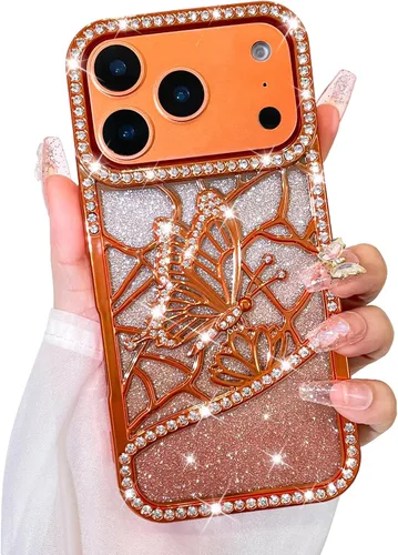 Vista 47 de Bonoma Funda con purpurina para iPhone 13 Pro Max, bonita funda 3D con patrón de chapado en degradado de mariposa de diamante, protección de cámara