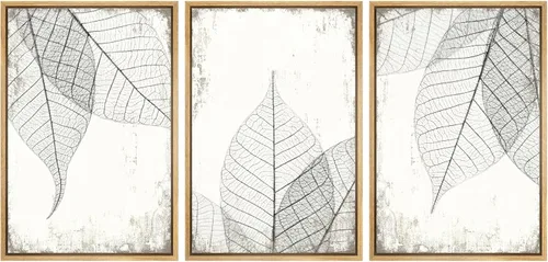 Vista 129 de SIGNWIN Lienzo enmarcado para pared, juego de arte de collage de hojas transparentes en blanco y negro, ilustraciones de naturaleza silvestre, arte