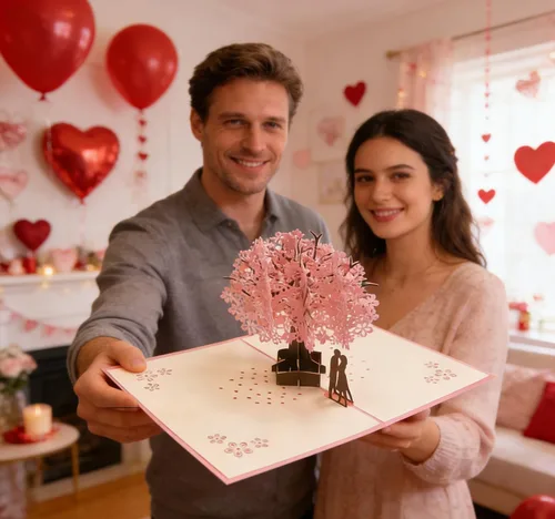 Vista 3 de PENTA ANGEL Tarjeta de flor de cerezo hecha a mano con diseño de flor 3D, romántica carta de felicitación de aniversario, boda, San Valentín