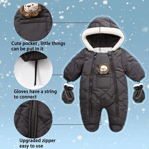 Vista 5 de XIFAMNIY Traje de invierno para bebé, mameluco con capucha para bebé, traje de nieve de león