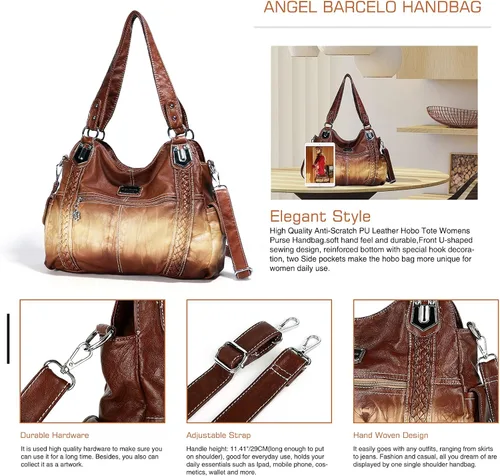 Vista 279 de Angel Barcelo - Bolsa de hombro amplia para mujer, diseño Hobo, cuero lavado