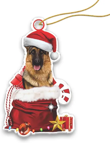 Vista 9 de Adorno acrílico plano de Navidad para perro de montaña bernés, adorable cachorro de montaña bernés en calcetín con bastones de caramelo, decoración